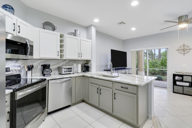 kitchen with white cabinets, sink, decorative backsplash, appliances with stainless steel finishes, and kitchen peninsula