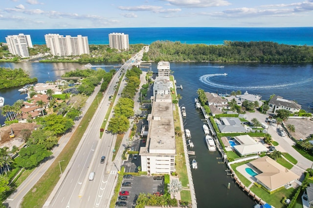 drone / aerial view featuring a water view