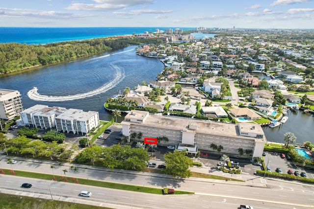 drone / aerial view featuring a water view