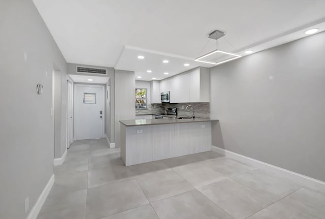 kitchen featuring stainless steel appliances, sink, kitchen peninsula, backsplash, and white cabinets