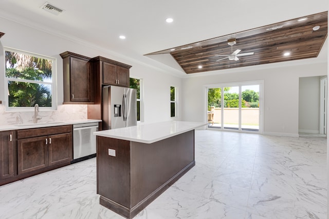 kitchen with appliances with stainless steel finishes, sink, wood ceiling, a center island, and ceiling fan