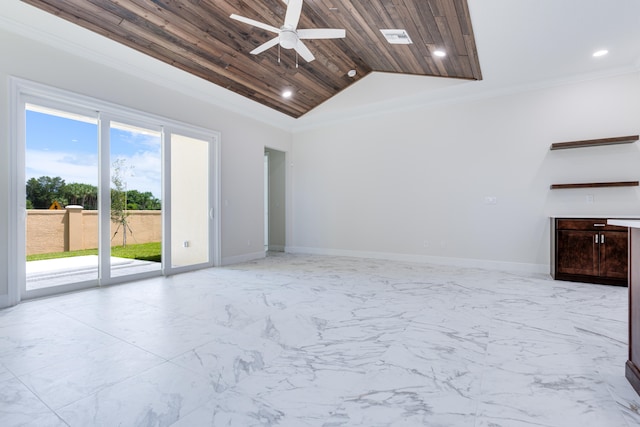 unfurnished living room featuring ornamental molding, high vaulted ceiling, wooden ceiling, and ceiling fan