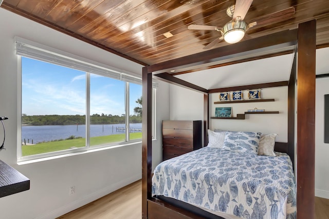 bedroom with wooden ceiling, a water view, light hardwood / wood-style floors, and ceiling fan