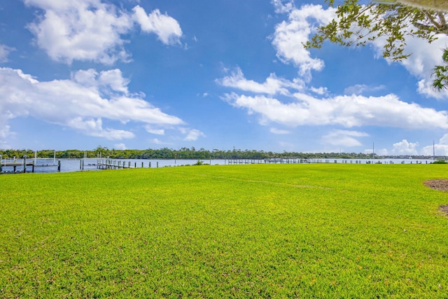 view of yard featuring a water view and a dock