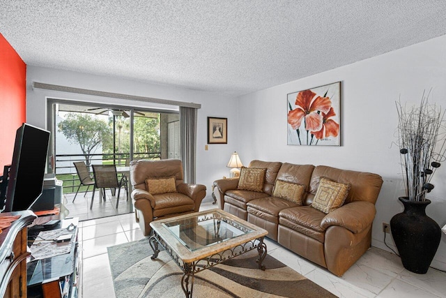 living room featuring a textured ceiling