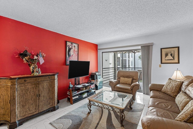 living room with a textured ceiling