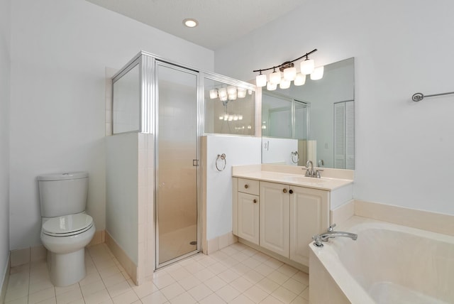 full bathroom with tile patterned flooring, vanity, toilet, and plus walk in shower