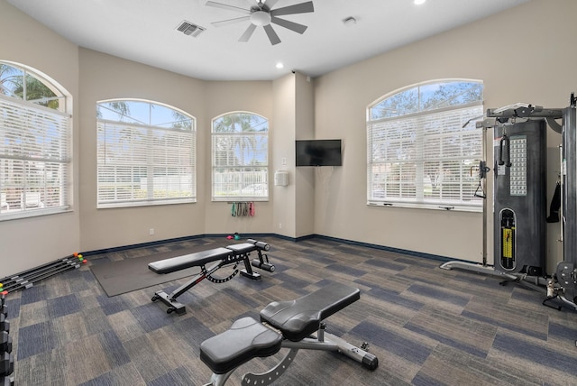 exercise room featuring ceiling fan and plenty of natural light