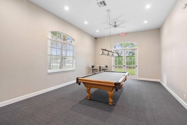 playroom featuring pool table, dark colored carpet, and ceiling fan