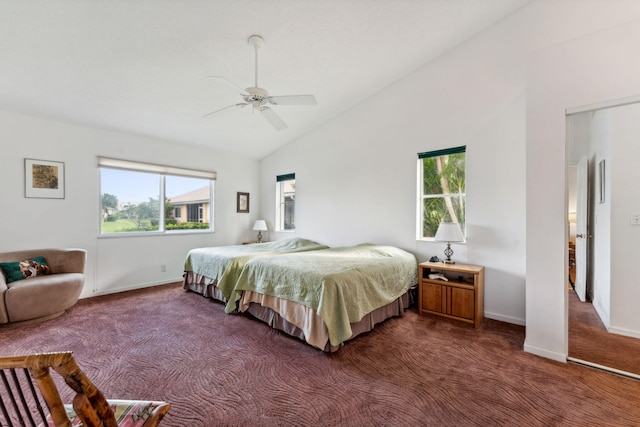 bedroom with lofted ceiling, a ceiling fan, baseboards, and carpet flooring