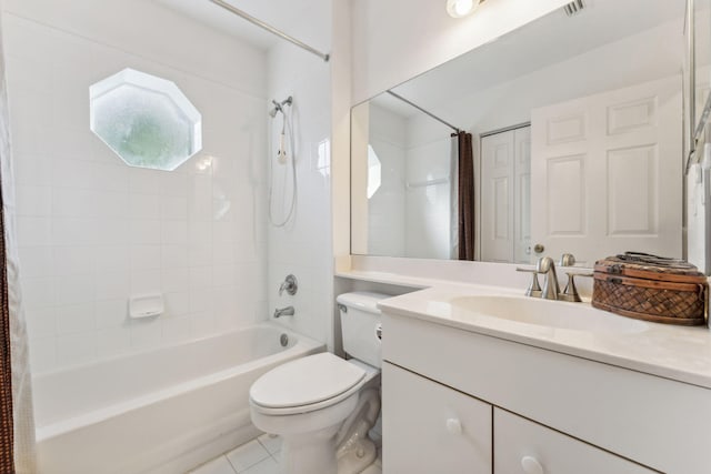 full bath with visible vents, toilet, tile patterned flooring, shower / bath combination with curtain, and vanity