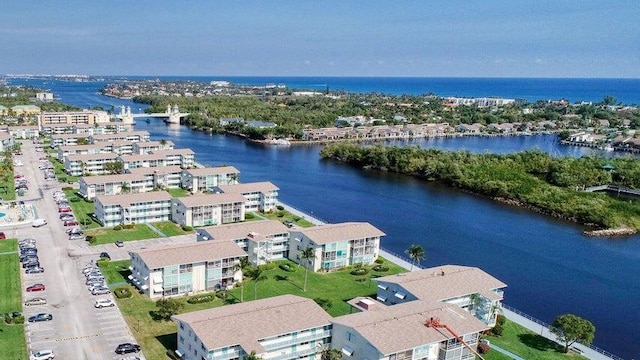 bird's eye view with a water view