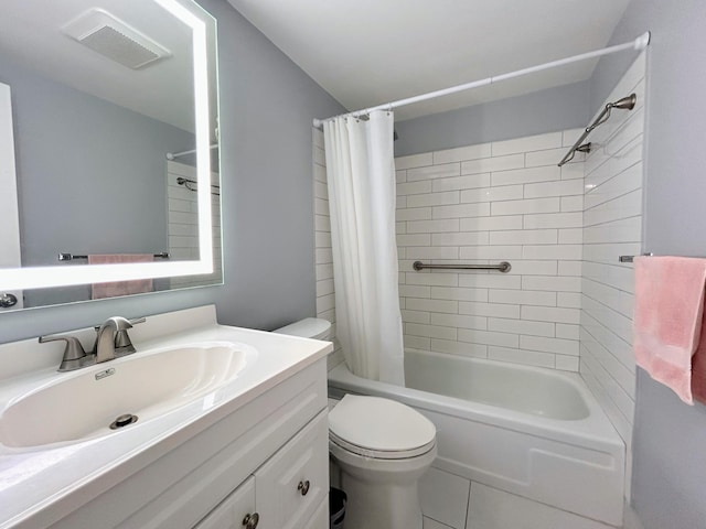 full bathroom with vanity, toilet, tile patterned floors, and shower / bathtub combination with curtain