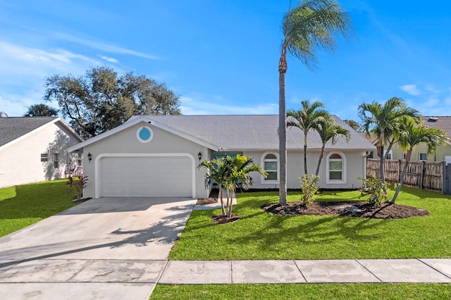 ranch-style home with a garage and a front yard