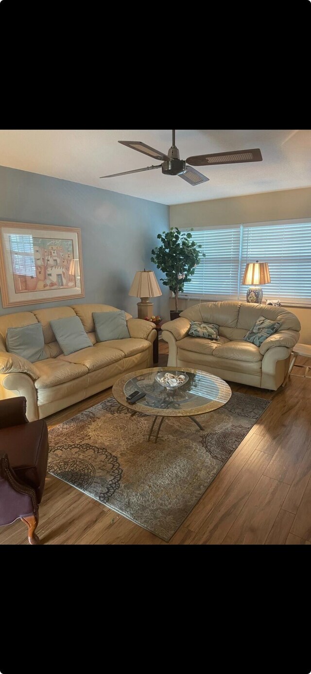 living room featuring hardwood / wood-style floors and ceiling fan