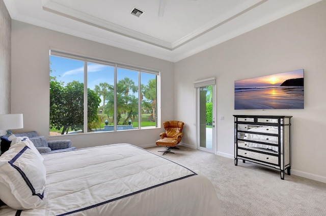 bedroom with a raised ceiling, multiple windows, carpet flooring, and access to outside