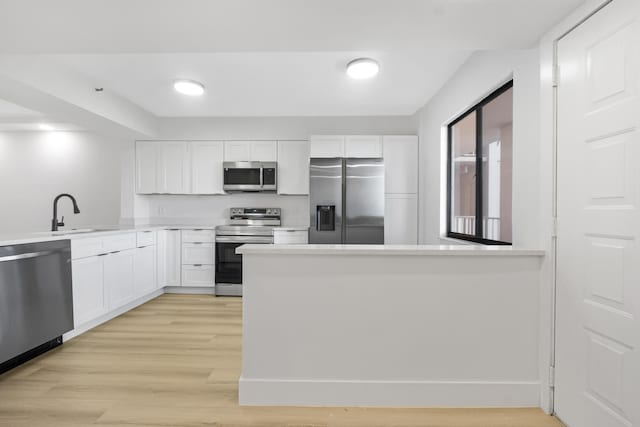 kitchen featuring white cabinetry, sink, light hardwood / wood-style floors, and stainless steel appliances