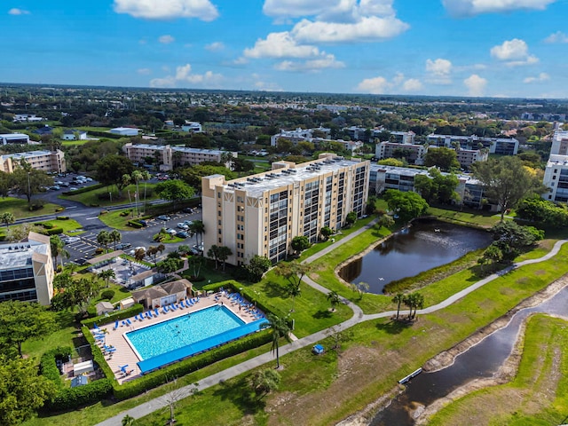 aerial view featuring a water view