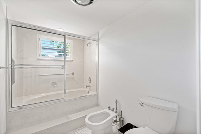 bathroom with toilet, combined bath / shower with glass door, a bidet, and tile patterned floors