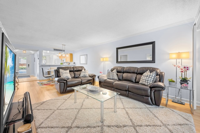 living room with ornamental molding, a textured ceiling, and light wood-type flooring