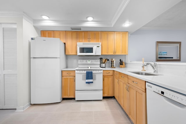 kitchen featuring white appliances, light tile patterned flooring, sink, ornamental molding, and light brown cabinets