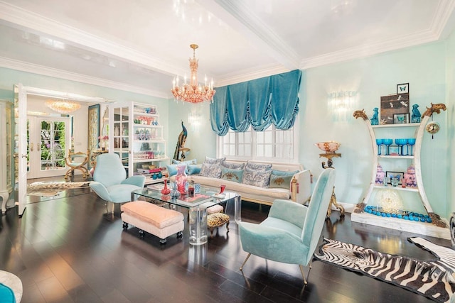 living room with hardwood / wood-style floors, ornamental molding, and a notable chandelier