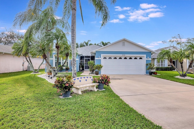 670 Senegal Ct, Fort Pierce, FL 34982 - ranch-style house featuring an attached garage, driveway, a front lawn, stucco siding, and central AC unit