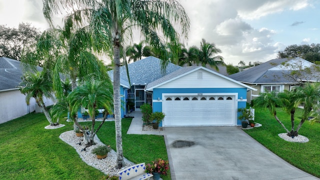 ranch-style home featuring a front yard and a garage