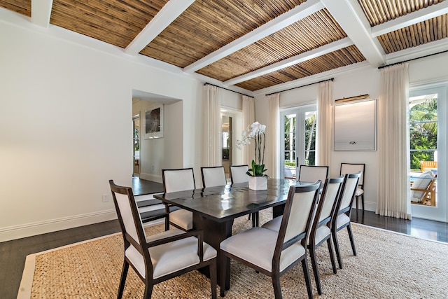 dining area featuring dark hardwood / wood-style flooring, beam ceiling, wood ceiling, and plenty of natural light