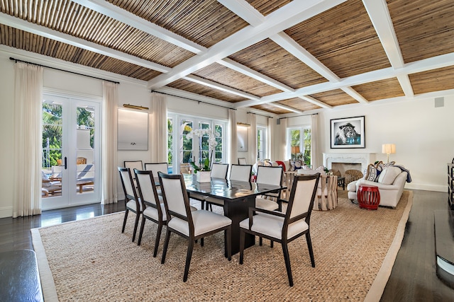 dining space with french doors, dark hardwood / wood-style floors, beam ceiling, coffered ceiling, and wood ceiling