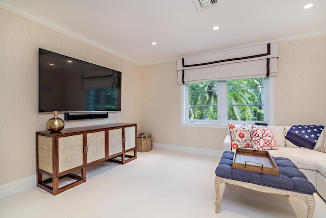 carpeted living room featuring crown molding