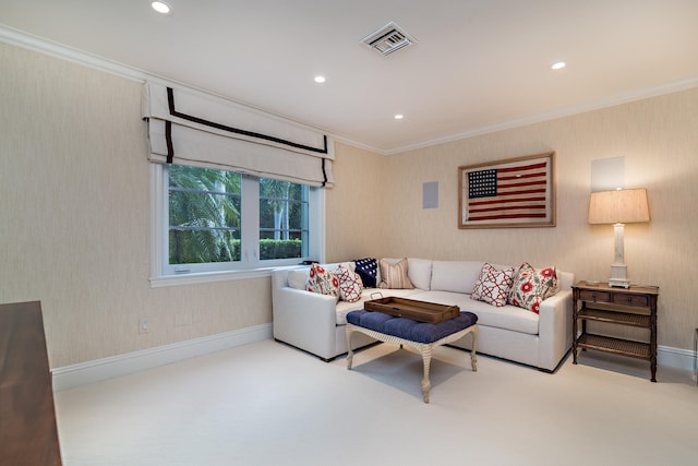 living room with light colored carpet and crown molding