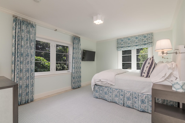 bedroom featuring carpet flooring and ornamental molding