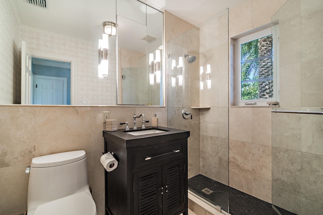 bathroom with walk in shower, tile walls, vanity, toilet, and decorative backsplash