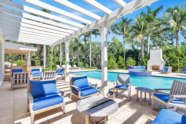 view of pool with an outdoor living space, a patio area, and a pergola