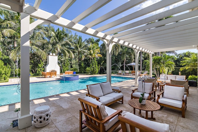 view of pool featuring an outdoor hangout area, a pergola, pool water feature, and a patio area