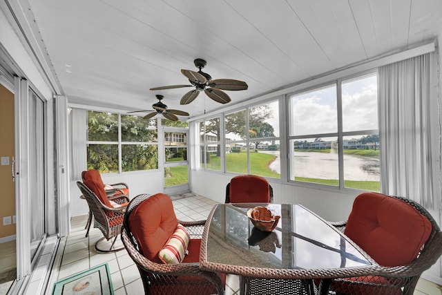 sunroom / solarium with ceiling fan and a water view