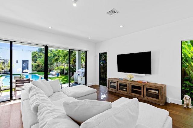 living room with dark hardwood / wood-style flooring