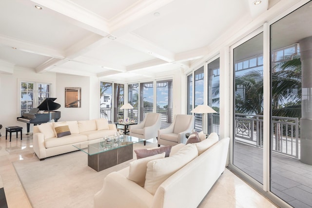 tiled living room with a healthy amount of sunlight, beam ceiling, and coffered ceiling