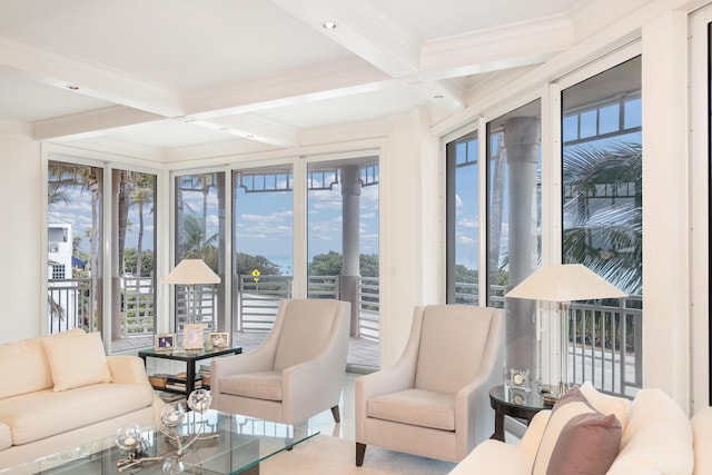 sunroom / solarium with beamed ceiling and coffered ceiling