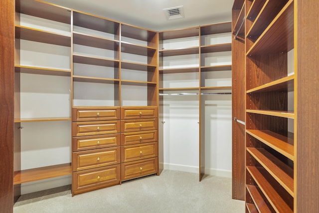 spacious closet featuring light colored carpet