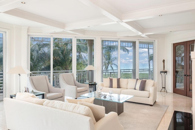 sunroom / solarium featuring beam ceiling, a water view, french doors, and coffered ceiling