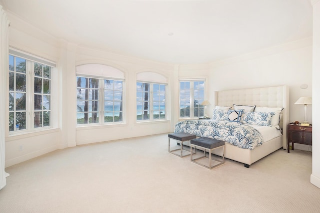 carpeted bedroom with ornamental molding