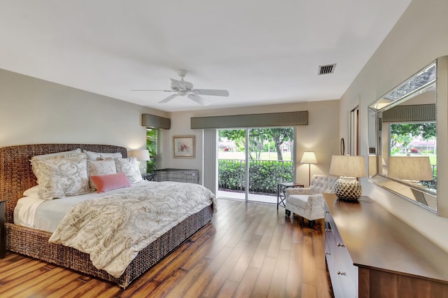 bedroom with access to outside, ceiling fan, and wood-type flooring