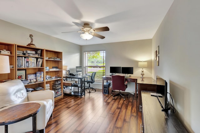 office with ceiling fan and dark wood-type flooring