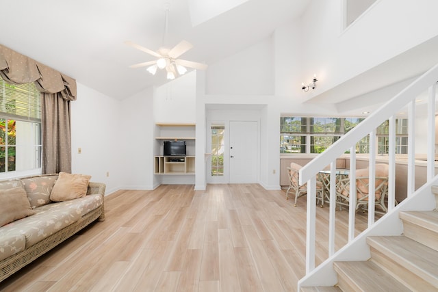 living room with sink, high vaulted ceiling, light hardwood / wood-style floors, and ceiling fan