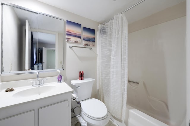 full bathroom featuring toilet, shower / bath combo with shower curtain, vanity, and tile patterned floors