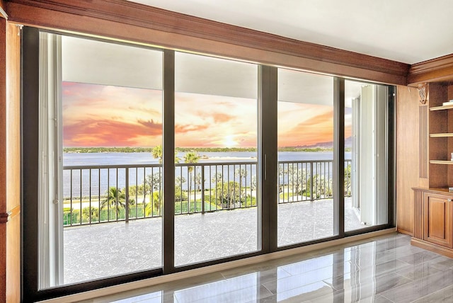 doorway with a water view and plenty of natural light