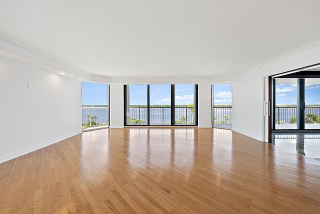 spare room with light wood-type flooring, a water view, expansive windows, and crown molding