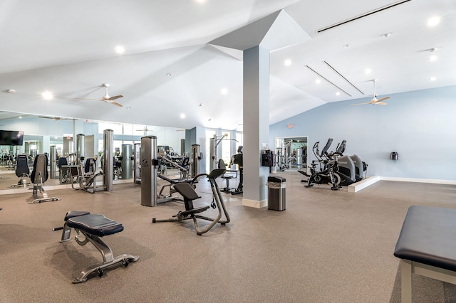 gym featuring vaulted ceiling, recessed lighting, a ceiling fan, and baseboards